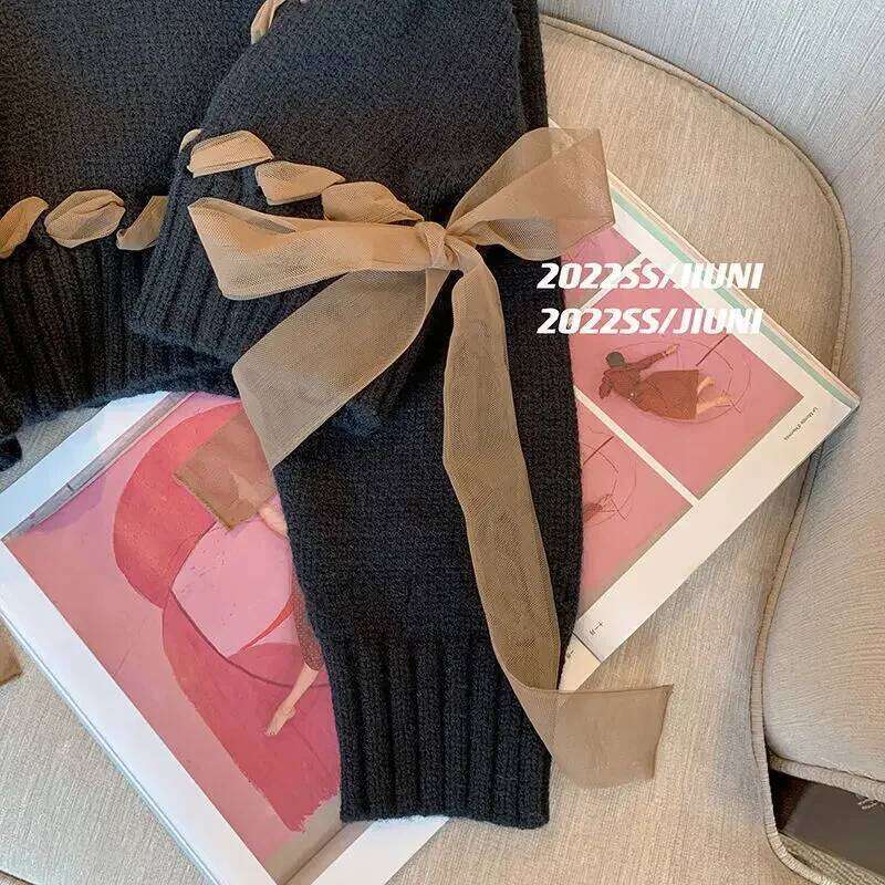 KUSAHIKI Chic Gauze Bow Bandage Knitted Sweater Casual Long Sleeve O-neck Pullovers 2023 Spring New Short Tops Female