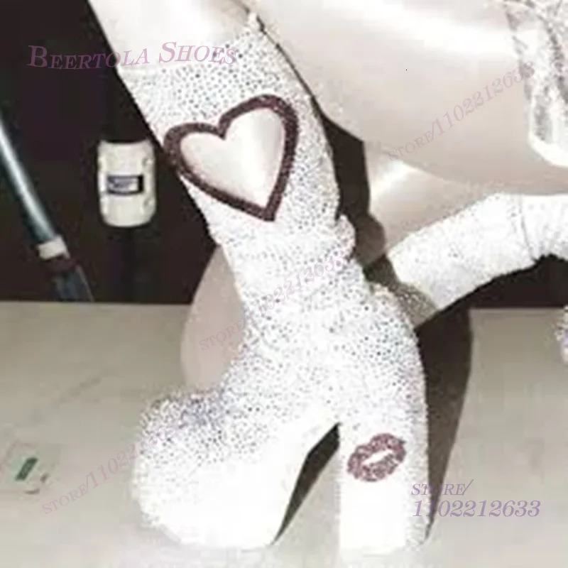 Dance Party Red Heart Hollow Crystal Platform Boots Women Pink Cute Chunky Heel Knee Blue Booties Metallic Glitter Summer Shoes 250623