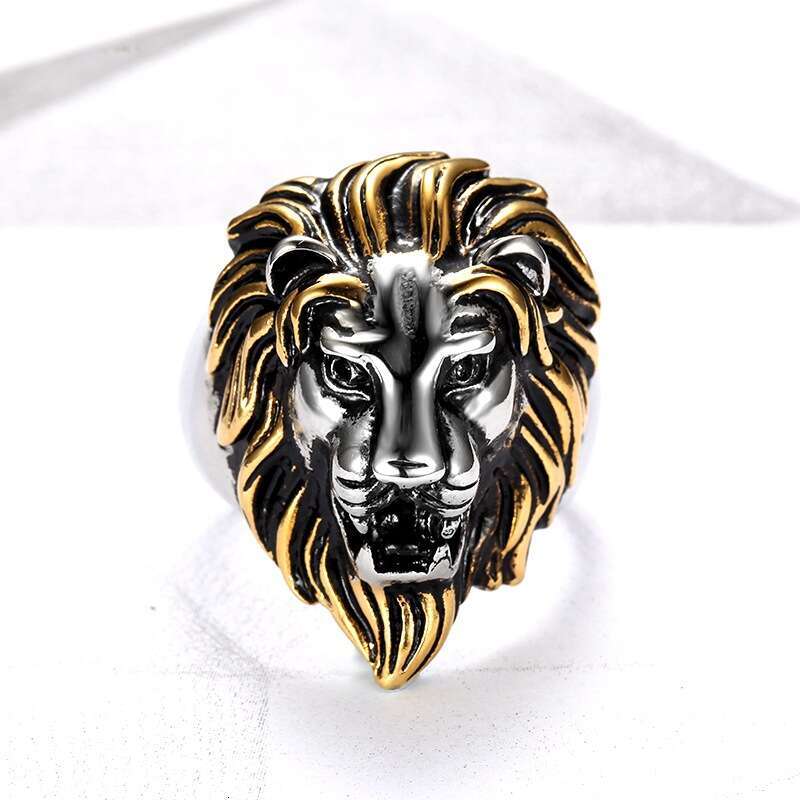 Unique Titanium Steel Gold Men's Bold Hip Hop Style Lion Head Ring
