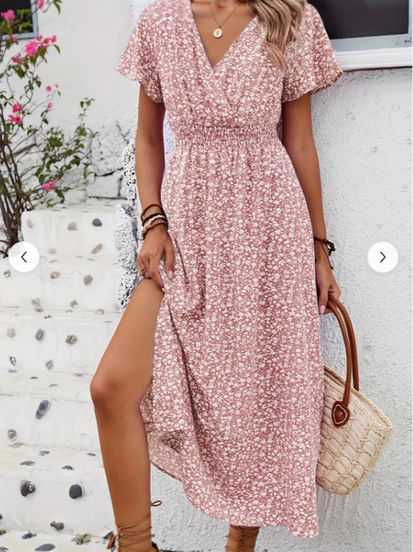 F626Cross-border new women's dress hot sale holiday V-neck elastic waist short-sleeved dress