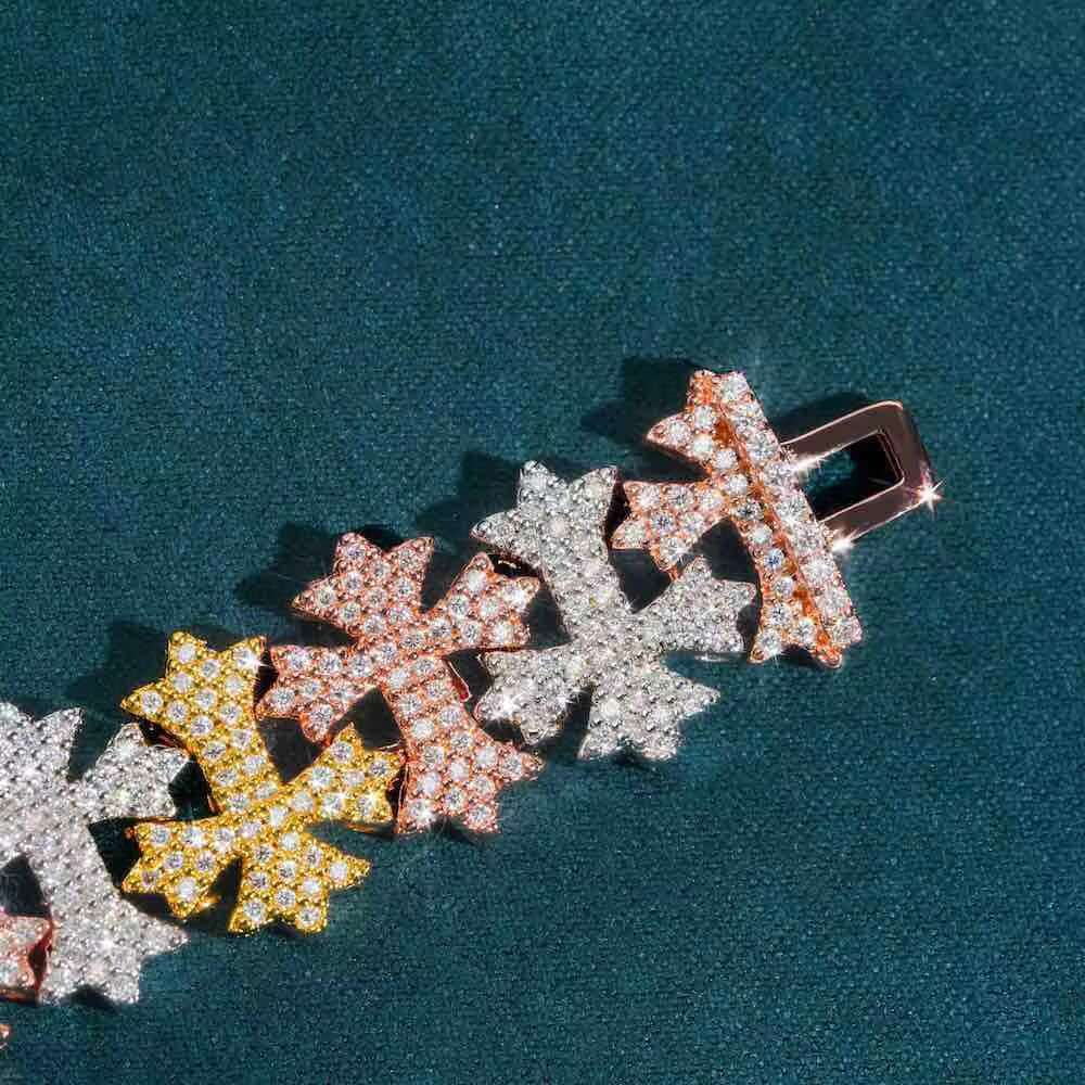 Vintage 16mm Moissanite Cross Link Bracelet Fine Hip Hop Diamond Jewelry for Weddings Charm Bracelets