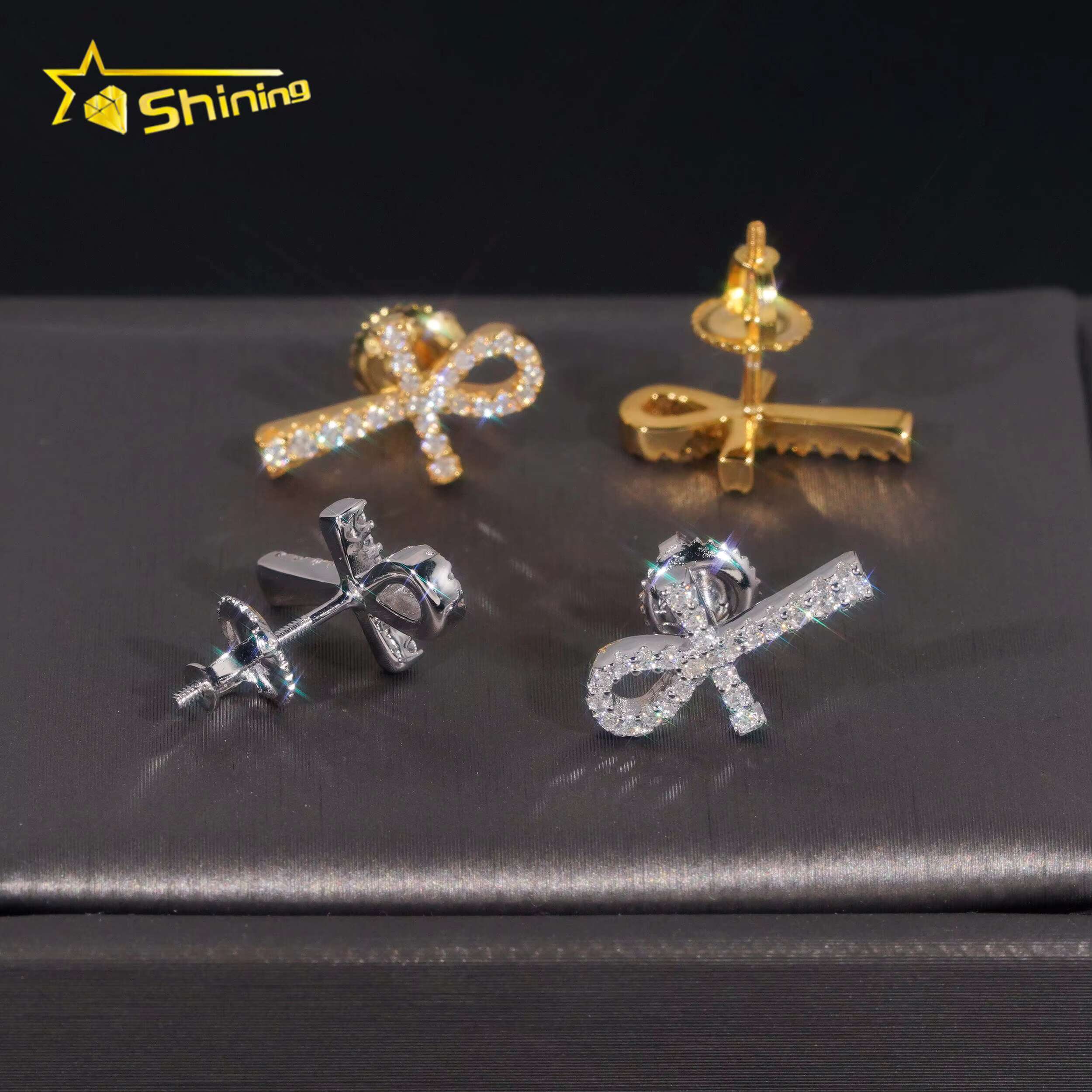Ready to Ship Hip Hop Jewelry 925 Sterling Silver Gold Plated Iced Out Moissanite Men Cross Stud Earrings With GRA
