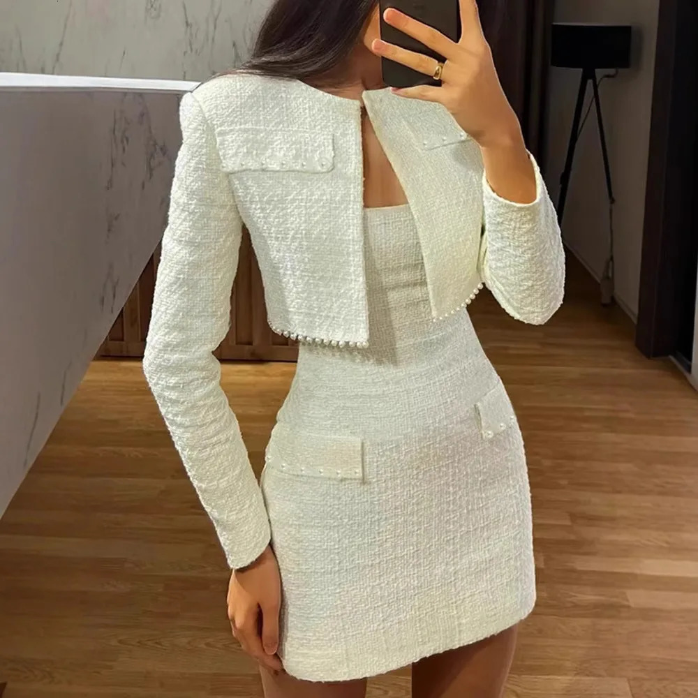 Two Piece Set Women Sexy Strapless Dress Short Coat Pearls Slim Dresses Suit Ensemble 2025 Female Temperament Vestidos Outfits 250618