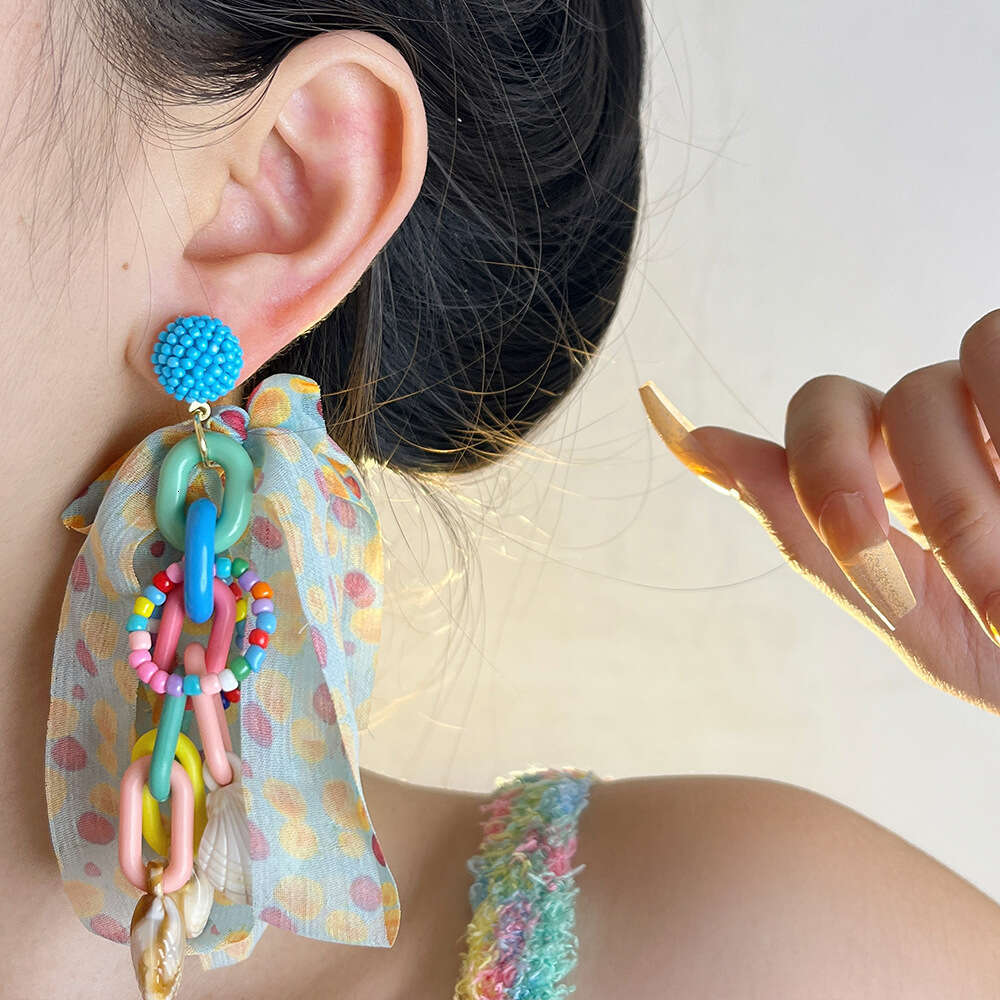 Dopamine Colorful Polka Dot Chiffon Bowknot for Women, Designer Style Rice Bead Long Hoop Shell Tassel Earrings