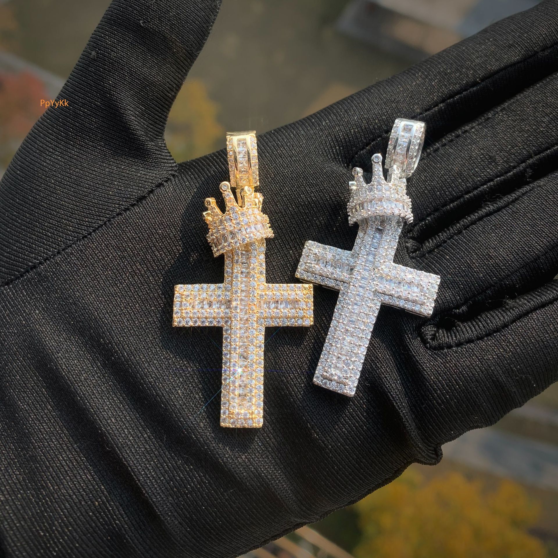 Iced Out Crown Cross Pendant Men's VVS Moissanite Hip Hop Punk Edgy Trendy Bling Necklace Jewelry Passes the Diamond Tester