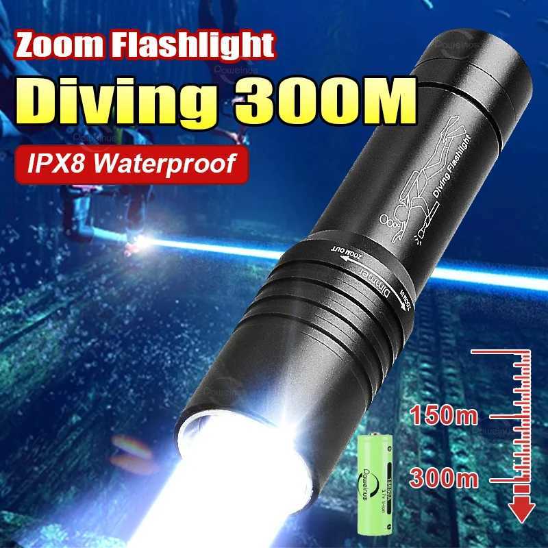 Powerful LED Diving Flashlight Zoomable Underwater Torch Professional Diving 300M Dive Lights IPX8 Waterproof Fishing Lantern W250701
