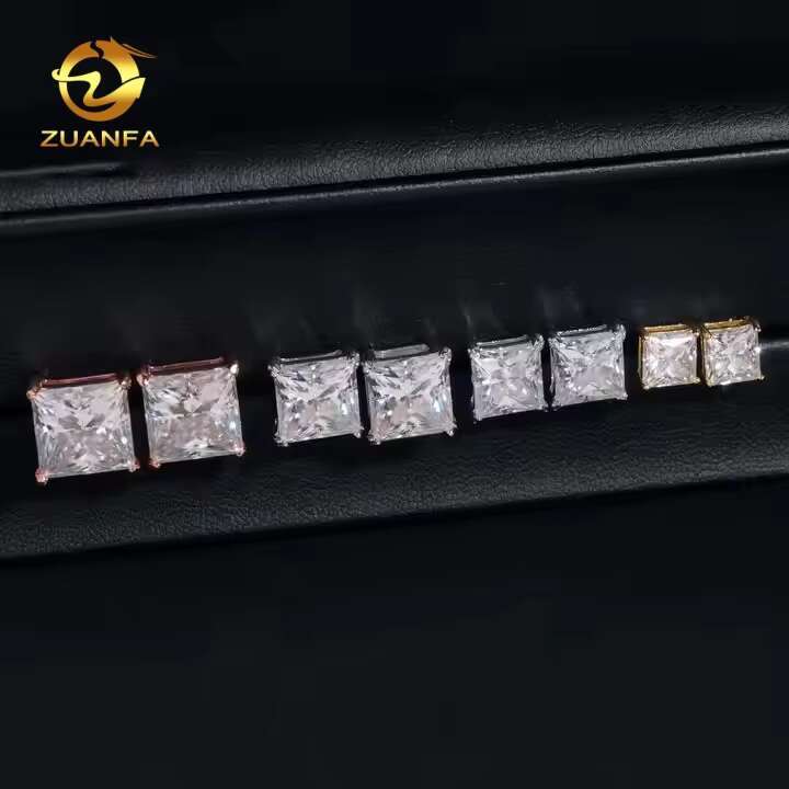 Wholesale Fashion Jewelry Princess Cut Single Diamond Ear Studs VVS Moissanite 925 Sterling Silver Stud Earring for Men Women