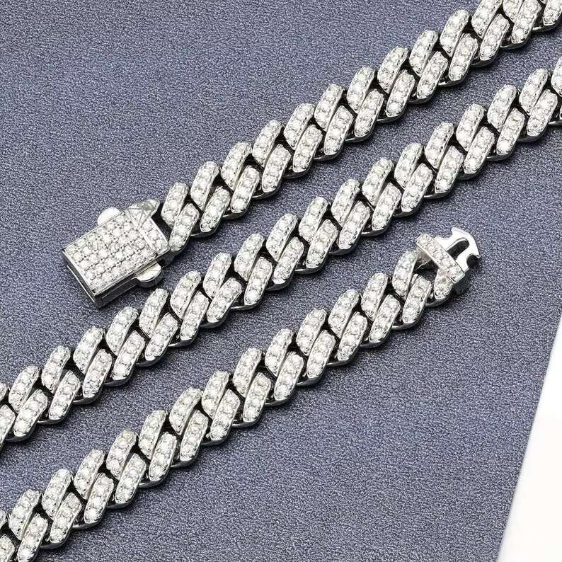 8mm Moissanite Cuban Chain in 925 Sterling Silver Iced Out Diamond Hiphop Rapper Moissanite Cuban Link Chain