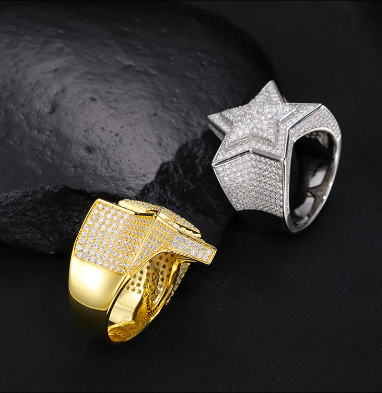 Hiphop Style Men's & Women's 925 Sterling Silver VVS Moissanite Diamond Star Ring Iced Out Gold Plated Fine Jewelry