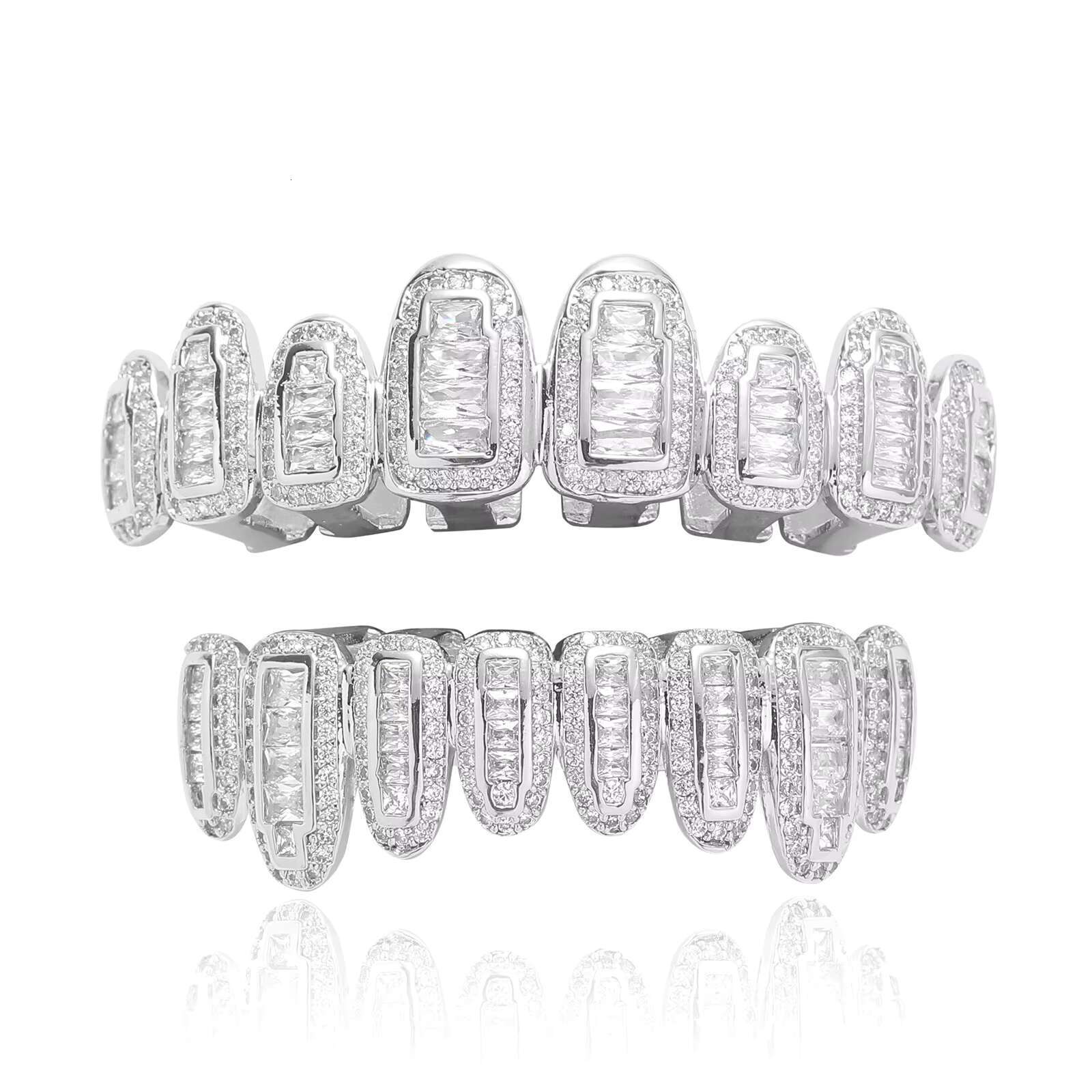 18K Gold Plated Iced Out Diamond CZ Baguette Cubic Zircon Grillz Teeth Halloween Rapper Jewelry Dental Grills Body Jewelry TypeOACOCA
