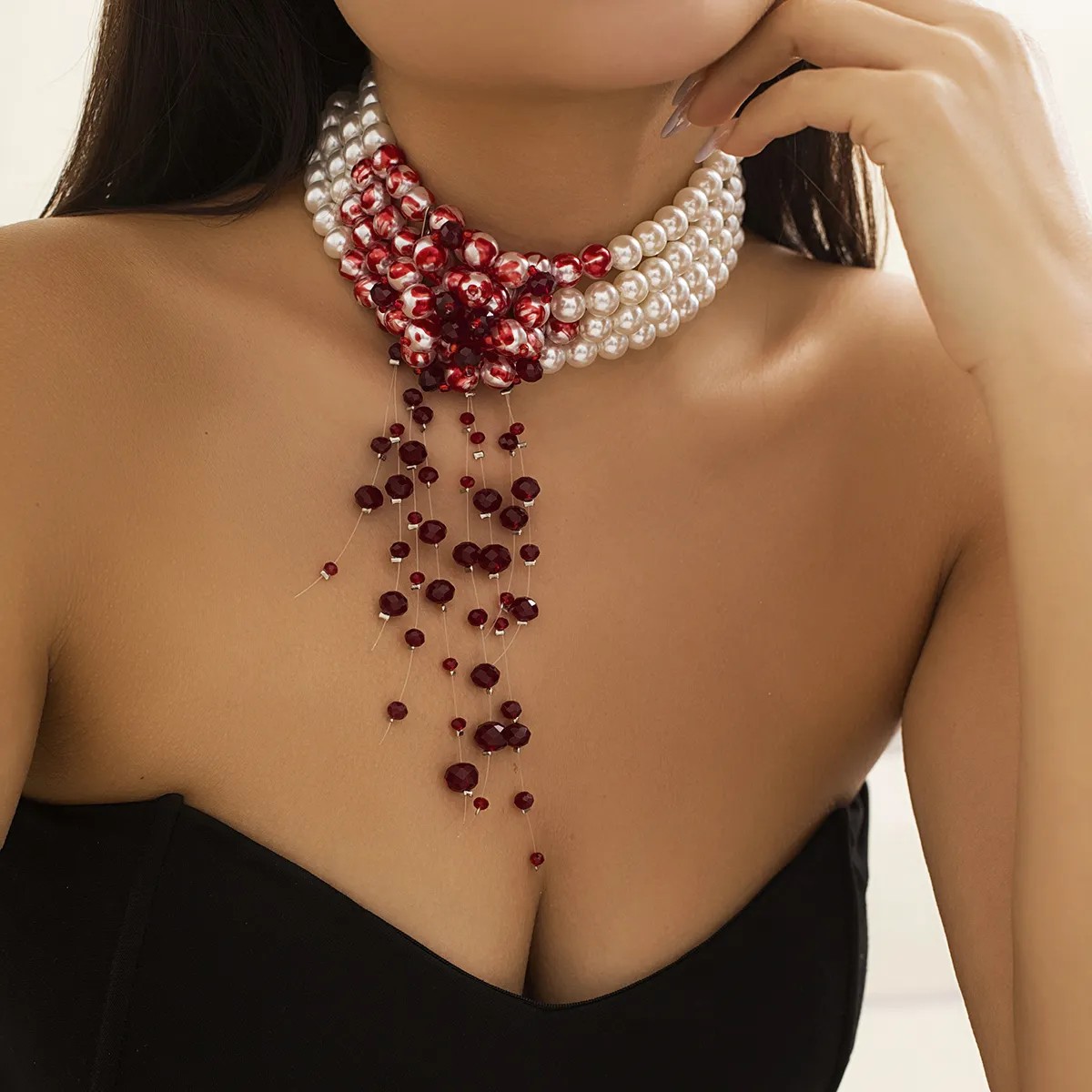 Elegant Multi-Layered Imitation Pearl and Crystal Tassel Choker Necklace for Women - Unique Red Bead Accent Design