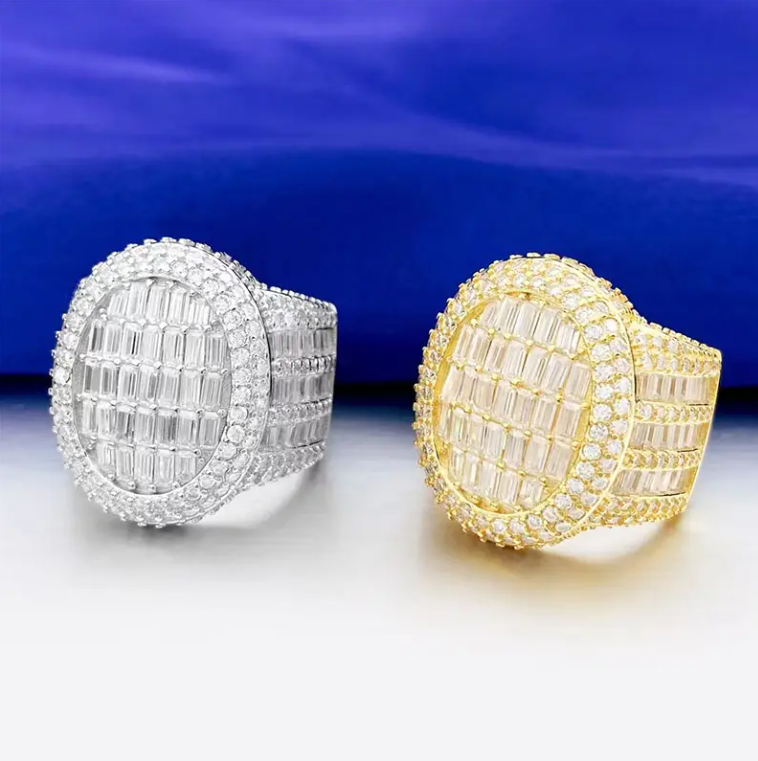 Iced Out Men Diamond Ring 925 Silver Moissanite Baguette Cut Design Luxury Men Hip Hop Ring