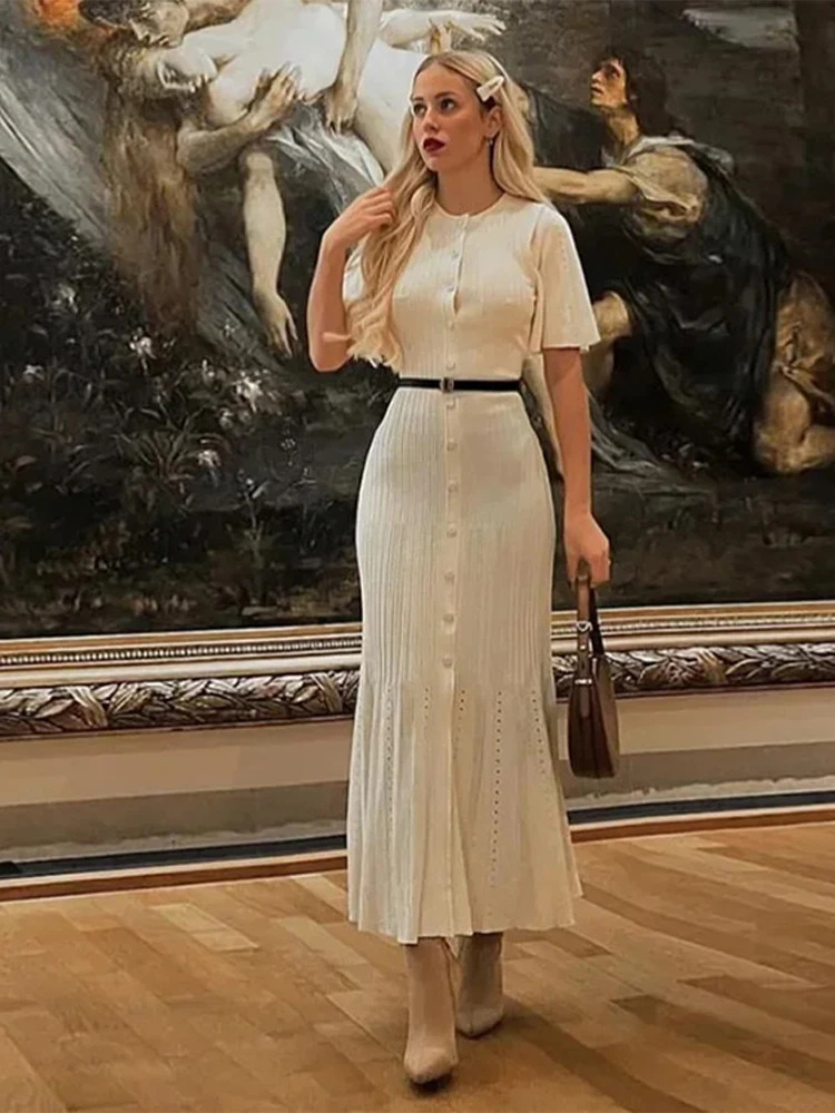 Knit Solid Womens Dress Short Sleeve O Neck Lady Dresses 2025 Elegant Summer Single Breasted Hip Package High Waist Female Rube 250625