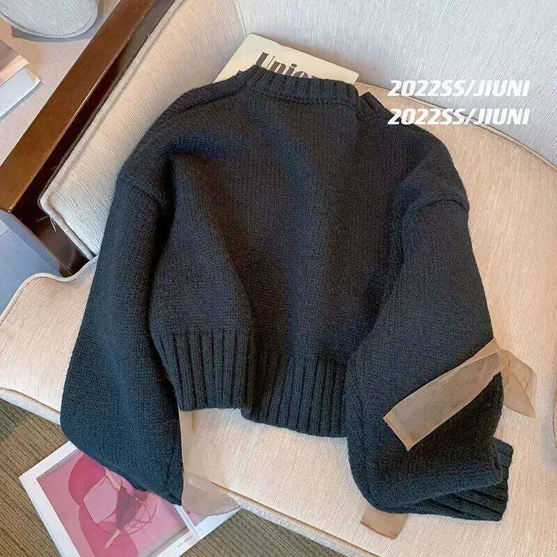 KUSAHIKI Chic Gauze Bow Bandage Knitted Sweater Casual Long Sleeve O-neck Pullovers 2023 Spring New Short Tops Female