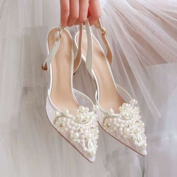 Lace White High Heels Stiletto Pearl Rhinestone Wedding Banquet Bride Bridesmaid Shoes Side Hollow Sandals Elegant Women