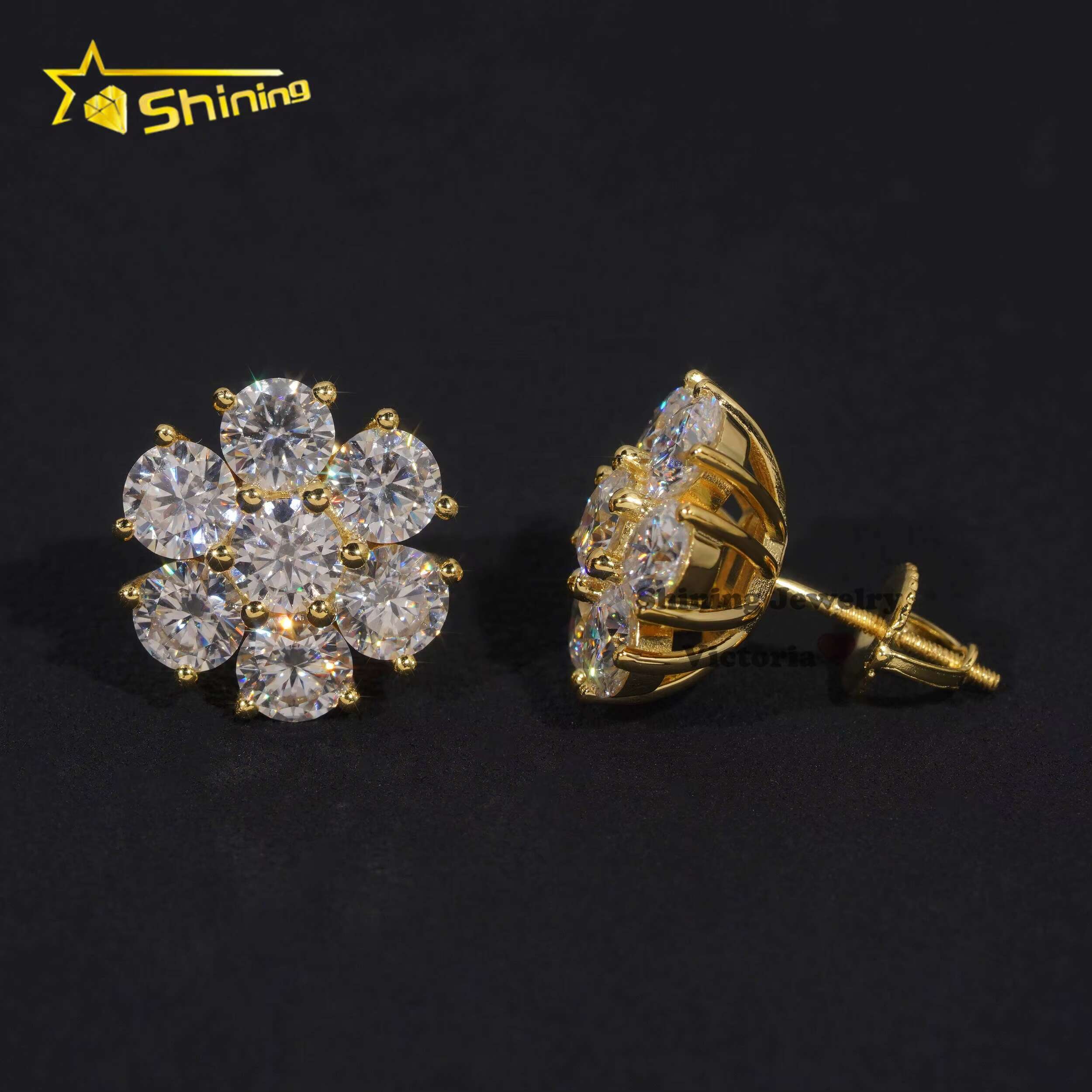 Wholesale Price Hip Hop Jewelry 15MM Flower Earrings VVS Moissanite Diamond 925 Sterling Silver Gold Plated Men Stud Earrings