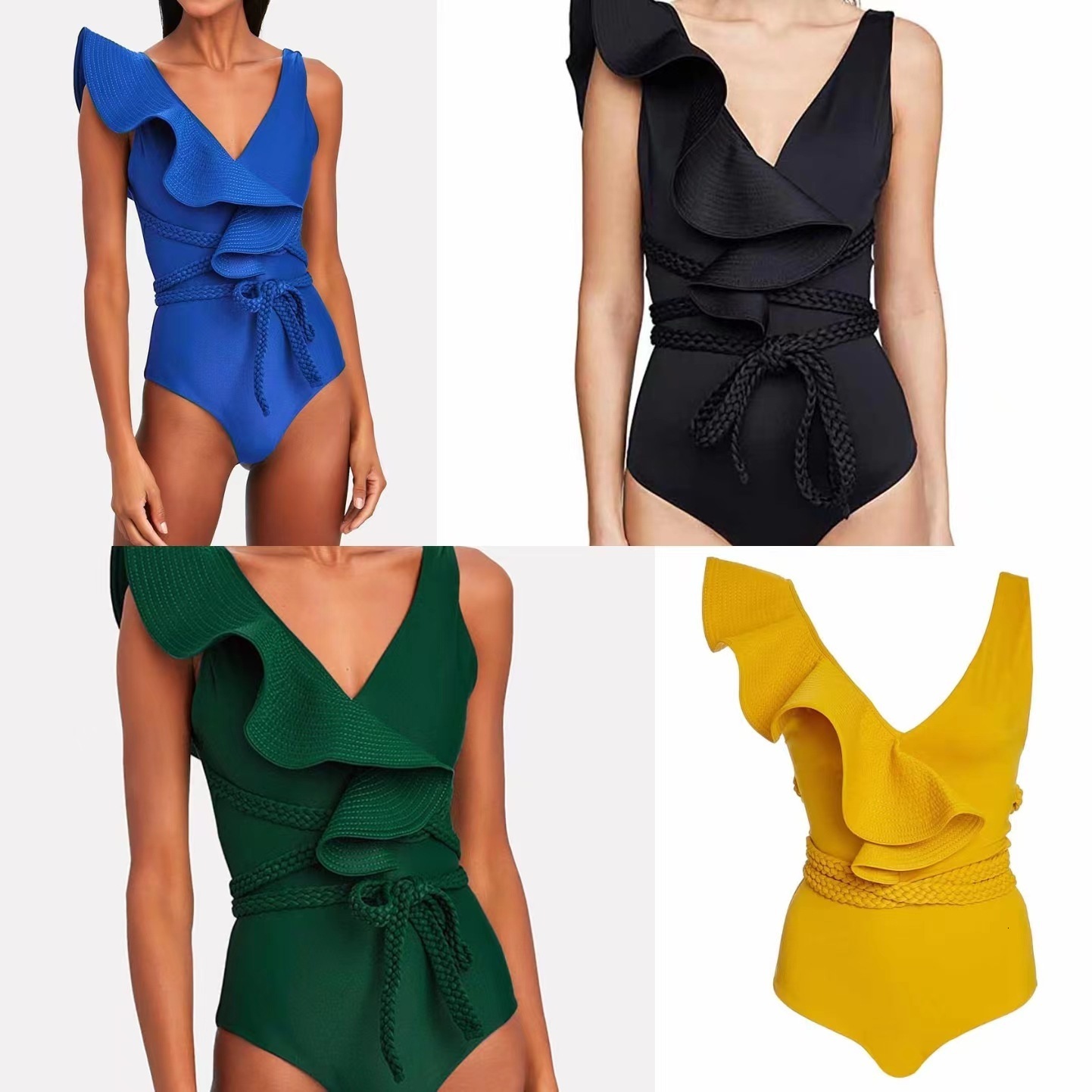 Women's Swimwear Swimwear Women Sexy Swimsuits Deep-v Beach Wear Shoulder Solid Ruffled Plus Size Bathing Suit Summer Micro Bikini 230417