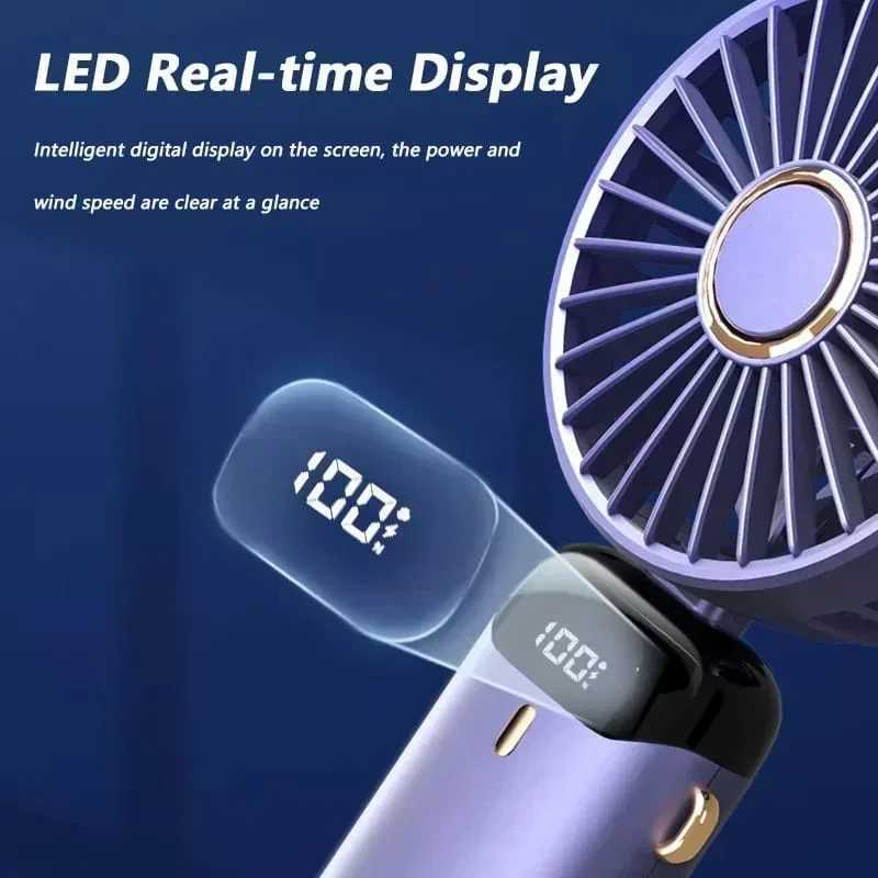 Portable Handheld Mini Fan 3000mAh Foldable Neck Hanging Fans 5 Speed Adjust USB Charge Fan with Phone Stand and Display Screen T250626