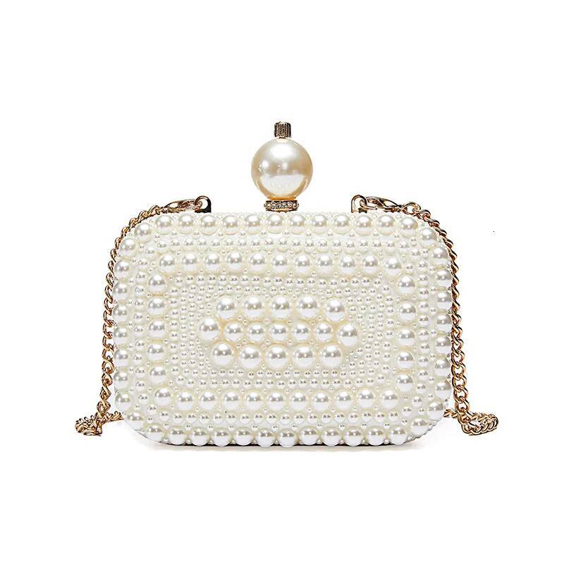 Fashion Girls Square Shell Clutch Bag Handmade Sweet Pearl Wedding Party Chain Mini Leather Crossbody Sling Bags for Women