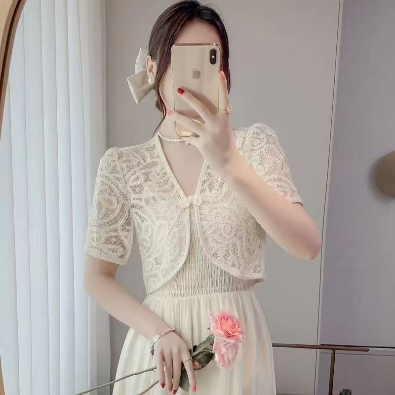 K1141 New Chinese style lace small shawl women's outer wear sunscreen cardigan short sleeve retro style new temperament button short outer