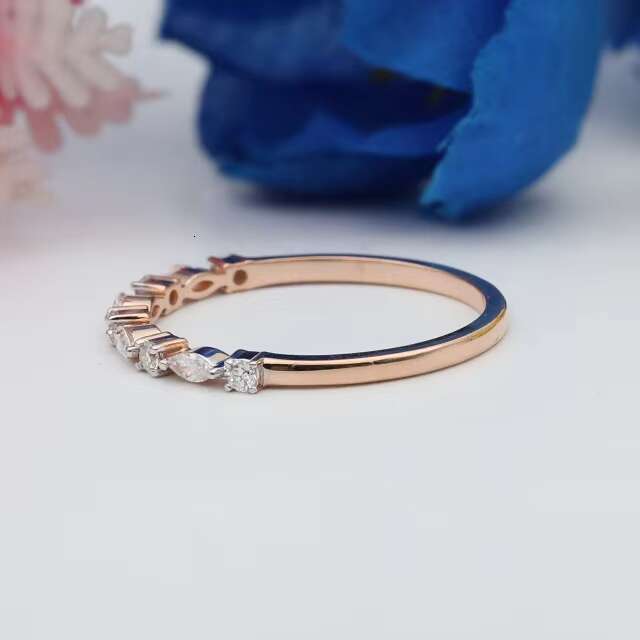 Solid 14k Gold Marquise Round Diamond Wedding Band Classic Eternity Ring with Stackable Real Diamonds