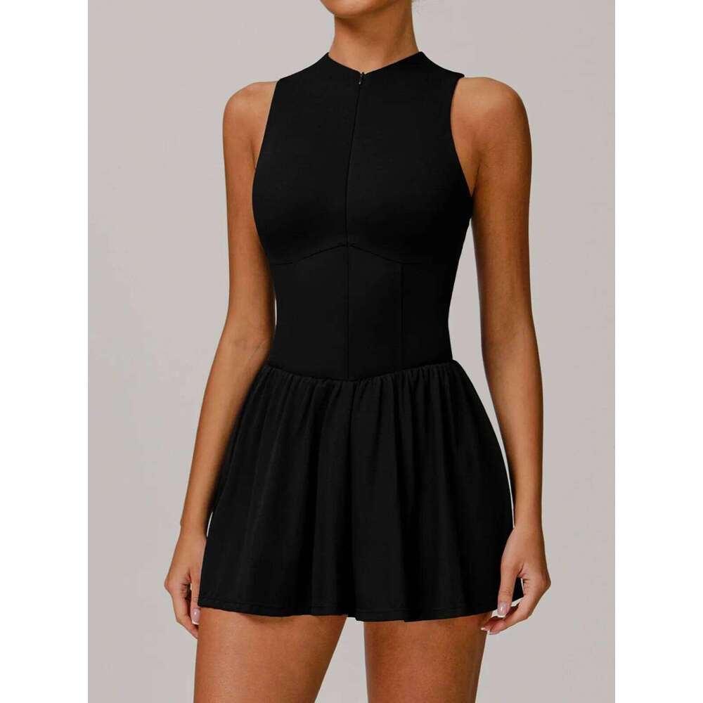 Women Front Zipper Tennis Dress Fake Two-piece Pieces Stand Up Collar Slim Fit Soft Sports Sets Fiess Pocket Skorts Yoga Suits