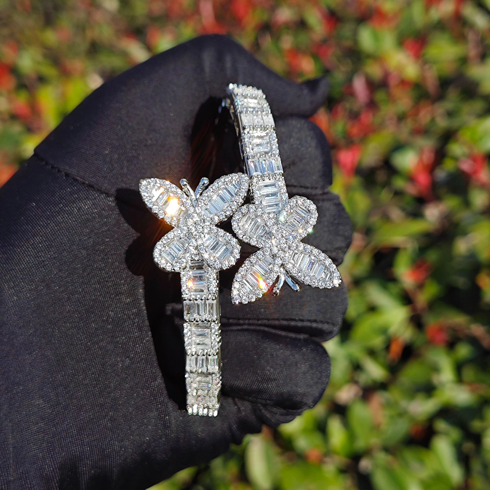 New Trendy Iced Out Gold Silver Giant Butterfly Bracelet Unisex Hip Hop Moissanite Full Bling Open Cuff Pass the Diamond Tester