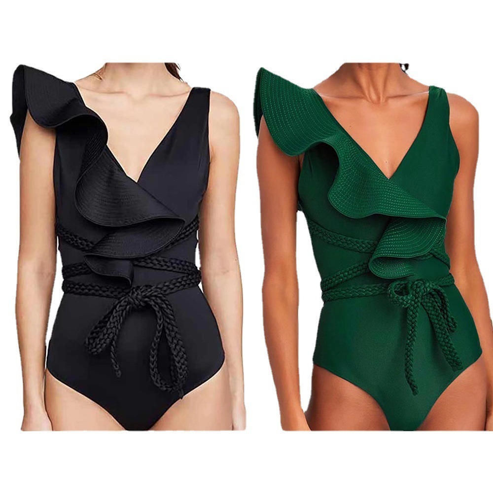 Women's Swimwear Swimwear Women Sexy Swimsuits Deep-v Beach Wear Shoulder Solid Ruffled Plus Size Bathing Suit Summer Micro Bikini 230417