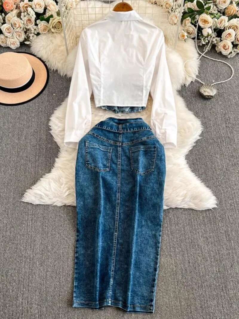 2025 New Denim Sets Laple Neck Long Sleeve Fake Two Piece Shirts Blouses+ High Waist Belt Split Skirt Fashion Women Suit
