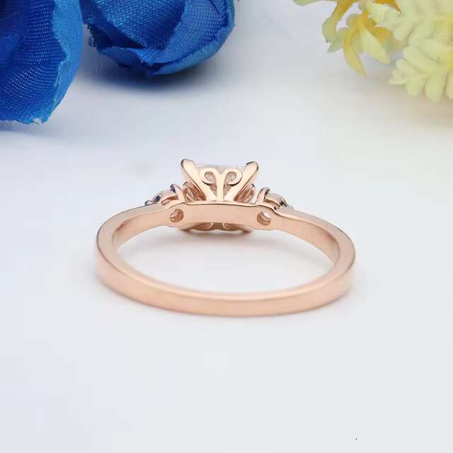 14k Rose Gold Princess Cut lab Grown Diamond Engagement Ring Three Stone Ring Side Stone Round Ring Gift for Women