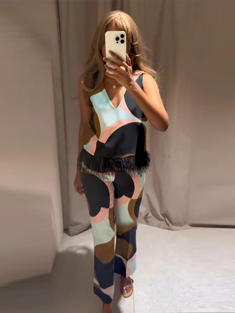 Geometric Print Leather Patchwork Top Pants Suits Women Sexy V-neck Sleeveless Tops High Waist Straight Trousers Chic Lady Sets 250625