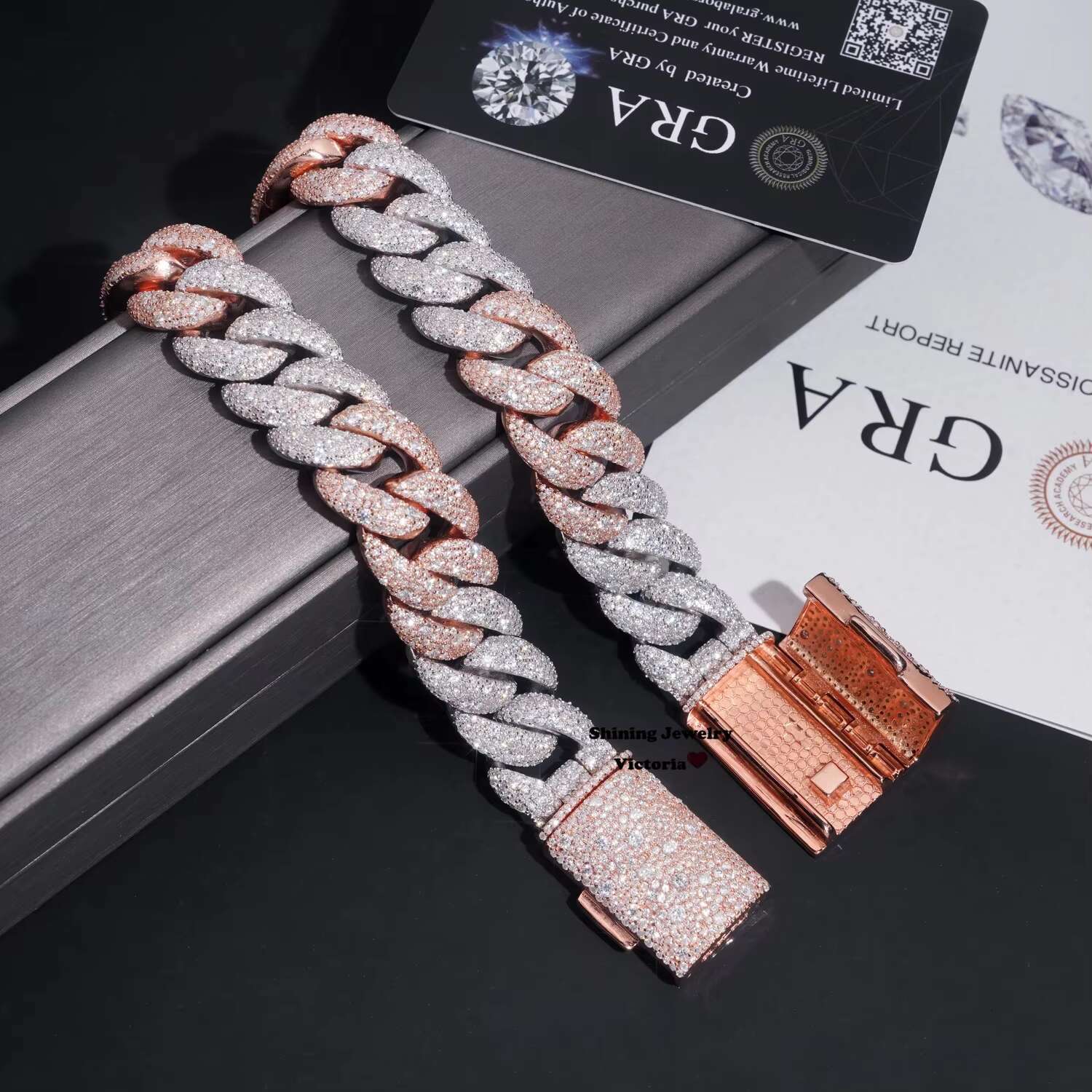 Rose Gold Mix White Gold Two Tone Mosaic Setting Moissanite Cuban Link Bracelet 18MM Fully Iced Out