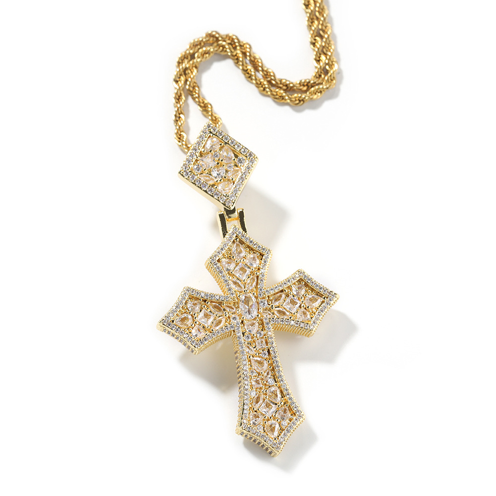 Hip Hop Rhombus Clasp Cross Pendant Necklace Colorful 5A T Zircons Women Mens Religious Jewelry