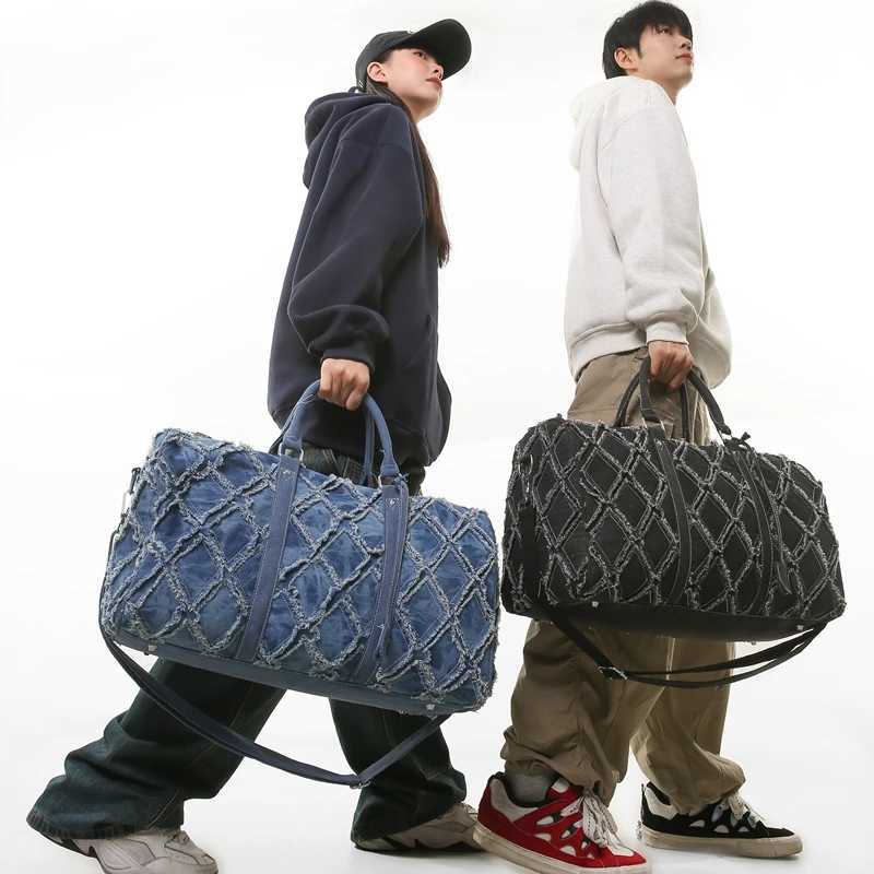 Denim Duffle Bag Fi Travel Bag Unisex Shoulder Bag Casual Gym Bag with Unique Ripped Design Large Capacity Versatile Usage Y250626