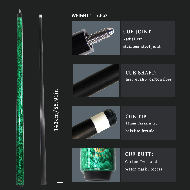 OKHEALING Quicksand Green 1/2 Split Billiard Cue Carbon Fiber Billiard Stick 12mm Pigskin Tip Radial Pin Joint Pool Cues Carbon Carom Cues Professiona