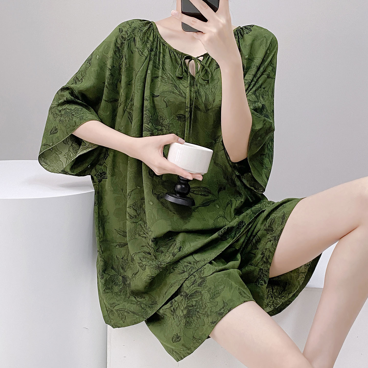 B936-Short-sleeved ladies pajamas summer thin cotton silk loose artificial cotton home clothes suit leisure suit thin