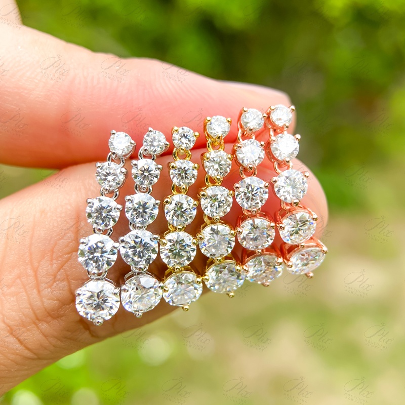 Tennis Design Three Prongs Setting Gradient Size Round Brilliant Cut VVS Moissanite Drop Earrings Gold Plated Stud Earring Wedding Party