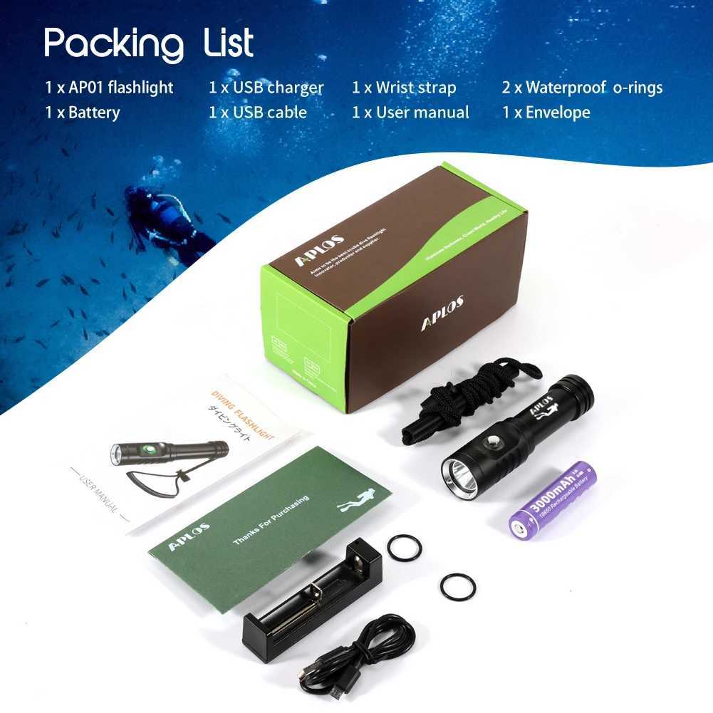 APLOS AP01 1050 Lumens Diving Flashlight XM-L2 5000k LED Scuba Dive Light IPX8 Waterproof Underwater 100m Rechargeable Torch W250701