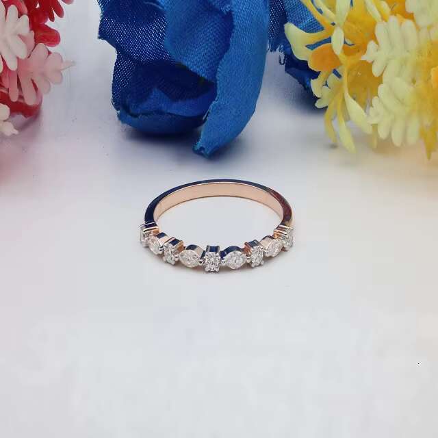 Solid 14k Gold Marquise Round Diamond Wedding Band Classic Eternity Ring with Stackable Real Diamonds