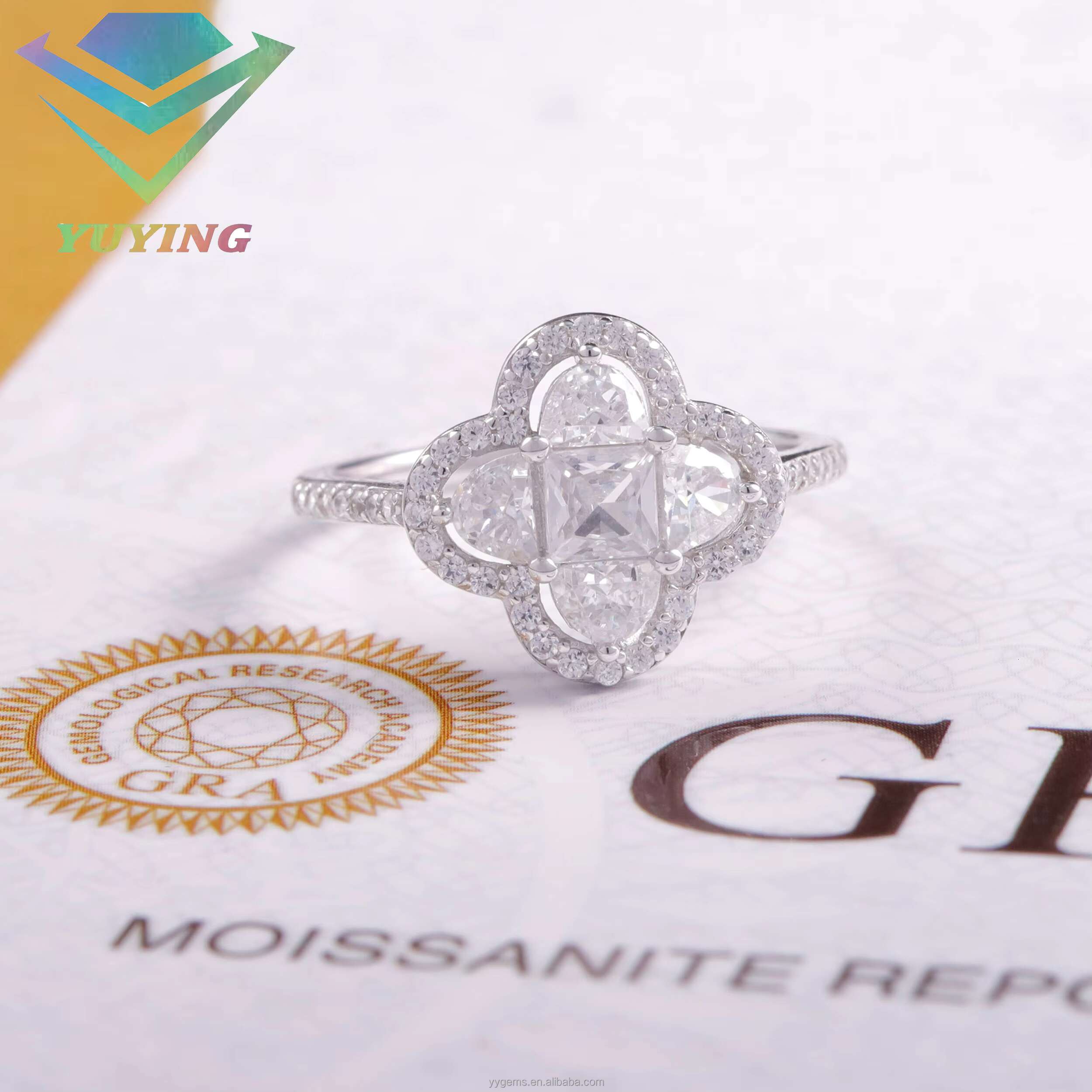New Fashion 925 Solid Silver Gold Plated Moissanite Ring Four Leaf Clover Ring VVS Moissanite Engagement Ring for Women