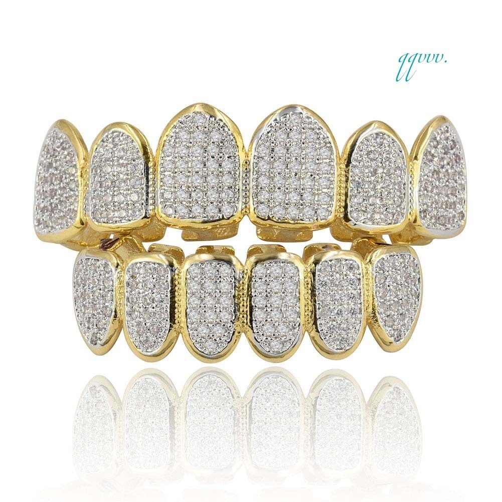 Hip Hop Iced Out Gold Teeth Grillz Set Zircon Jewelry Top Botom Grills Mens Body Bling Cubic Zirconia JewelryOACOCA