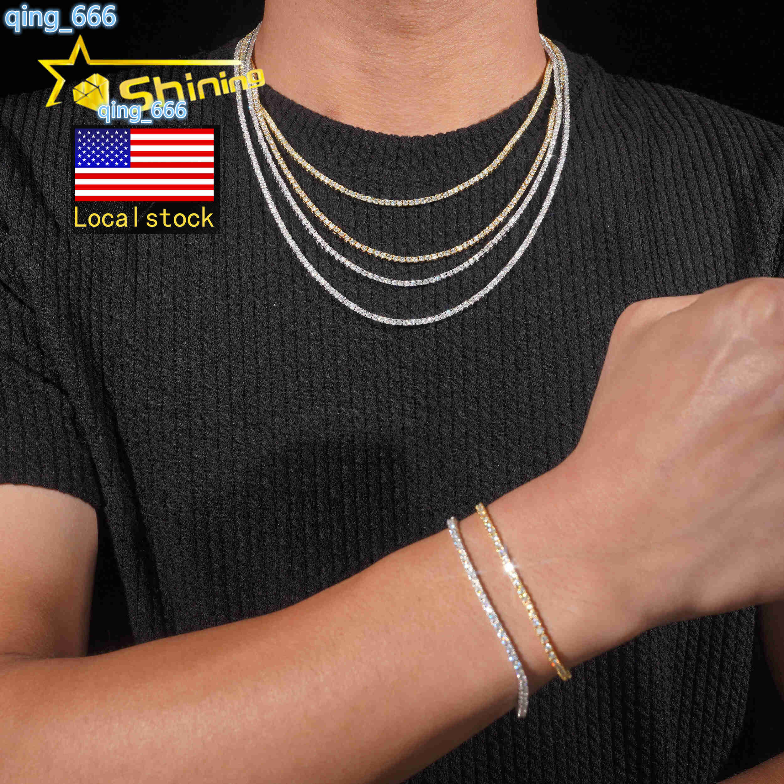 USA Warehouse Local Stock 2mm 3mm Tennis Chain 925 Solid Silver Hip Hop Iced Out GRA Moissanite Diamond Sparkling Tennis Chain