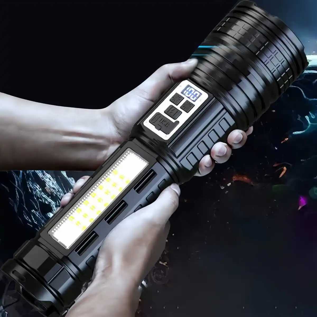 Bright Flashlight-Long Range Torch Outdoor Portable LED Flashlight with Side Light LCD Display for Camping Hiking Adventures W250701
