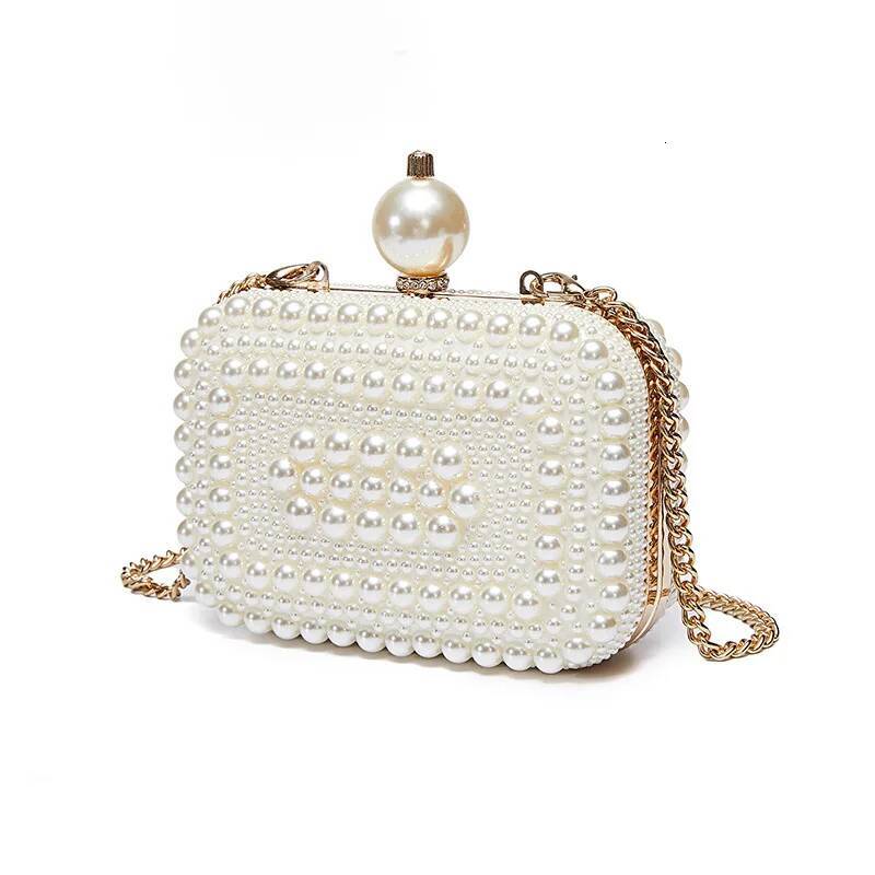Fashion Girls Square Shell Clutch Bag Handmade Sweet Pearl Wedding Party Chain Mini Leather Crossbody Sling Bags for Women
