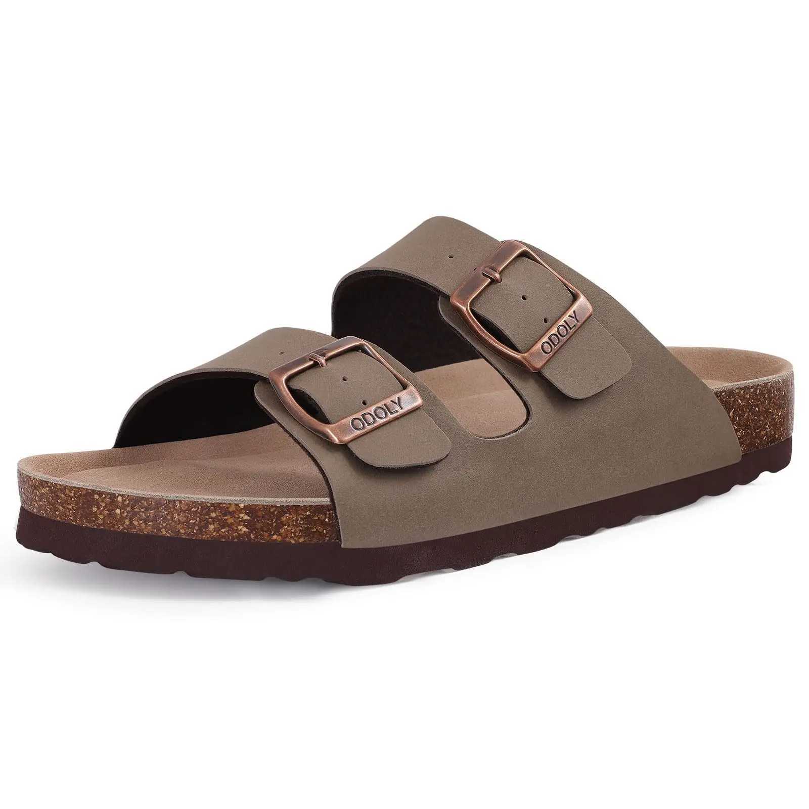 Cwarm Mens Cork Footbed Slides Sandals Arch Support Summer Outdoor Sandals with Adjustable Buckle Leisure Men Leather Slides Y250626