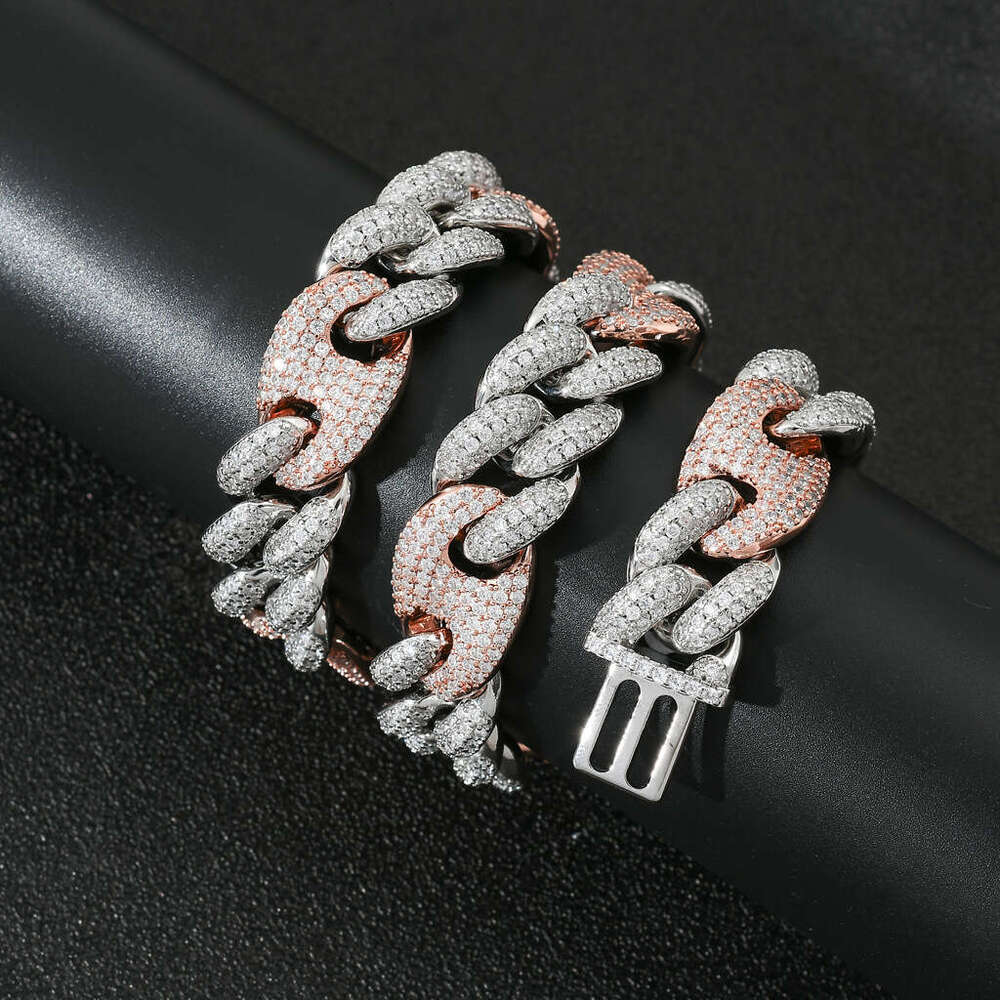 Hip Hop 20mm Two-tone Pig Nose Miami Lock Cuban Chain Three to One Full Zircon Necklace 8bb2