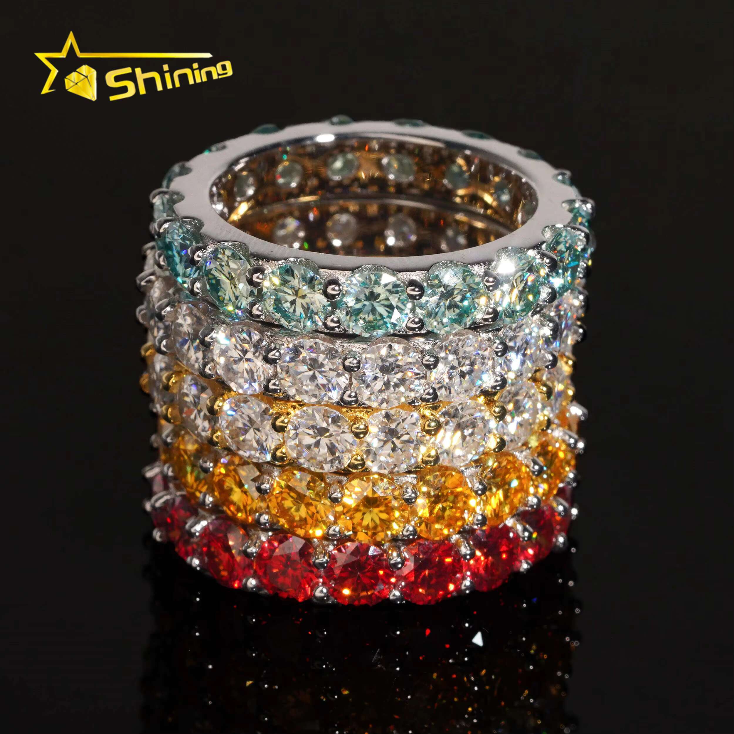 Pass Diamond Tester Wedding Jewelry Engagement Band Ring Hip Hop Rings Solid 925 Sterling Silver Colorful VVS1 Moissanite Ring