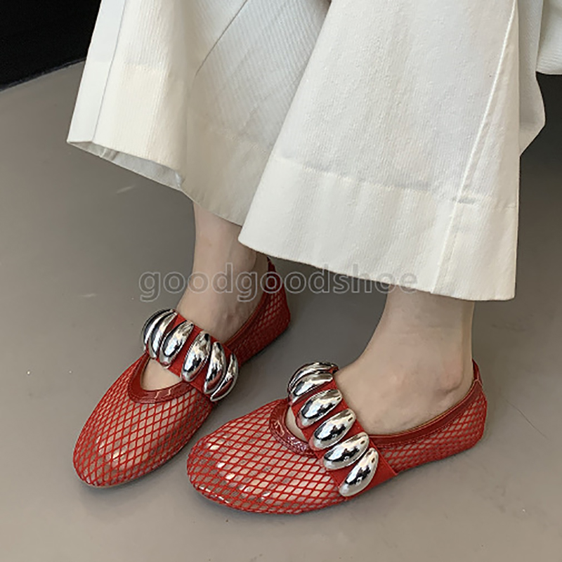 2025 loafers womens ballet flats heels mary jane shoes summer breathable hollow out mesh elegant ballerina luxury designer metal buckle dress shoes
