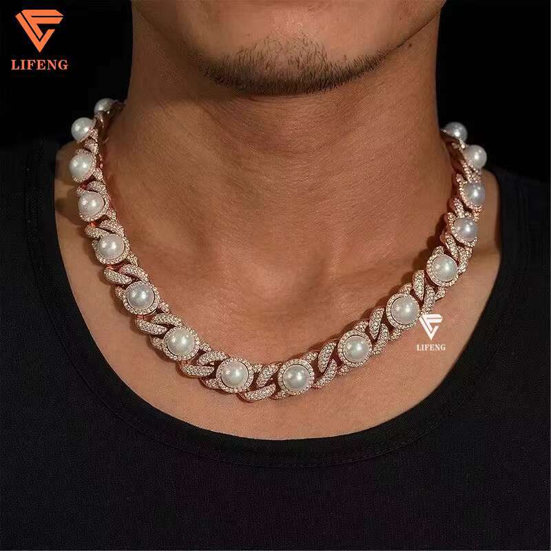 Lifeng 18K Rose Gold Plated 925 Silver Necklace Iced Diamond Moissanite New Design 15mm Pearl Bubble Cuban Link Chains for Gift
