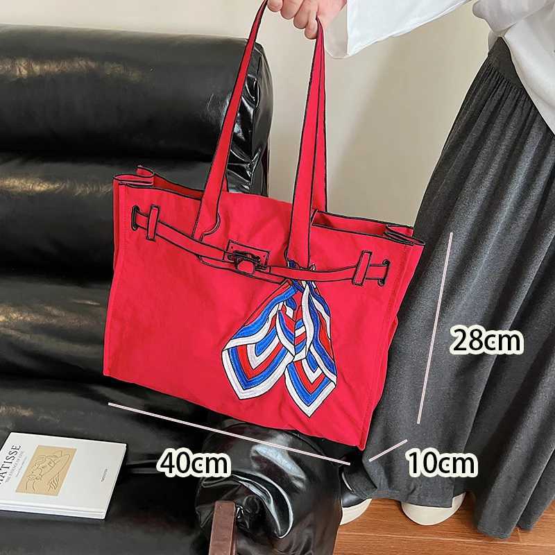 Japanese Nylon Silk Scarf Embroidered Tote Bag Large Capacity Fashion Shoulder Bag for School Work Shopping Retro Handbag 2025 NEW W250626